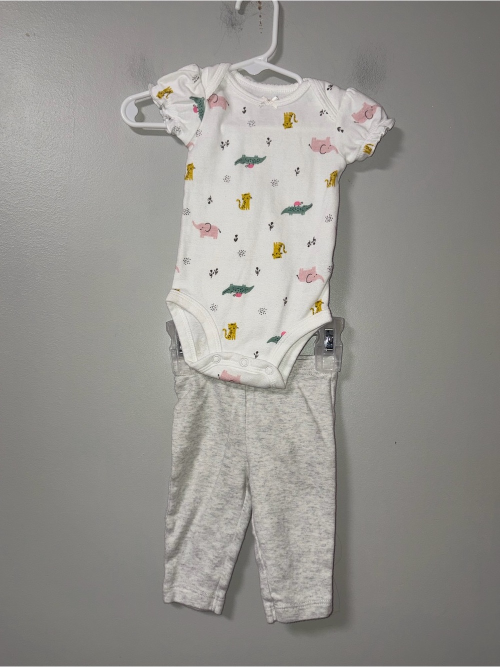 Carters White Floral Zoo Animals Body Suit & Gray Pants Set 0-3M Girls